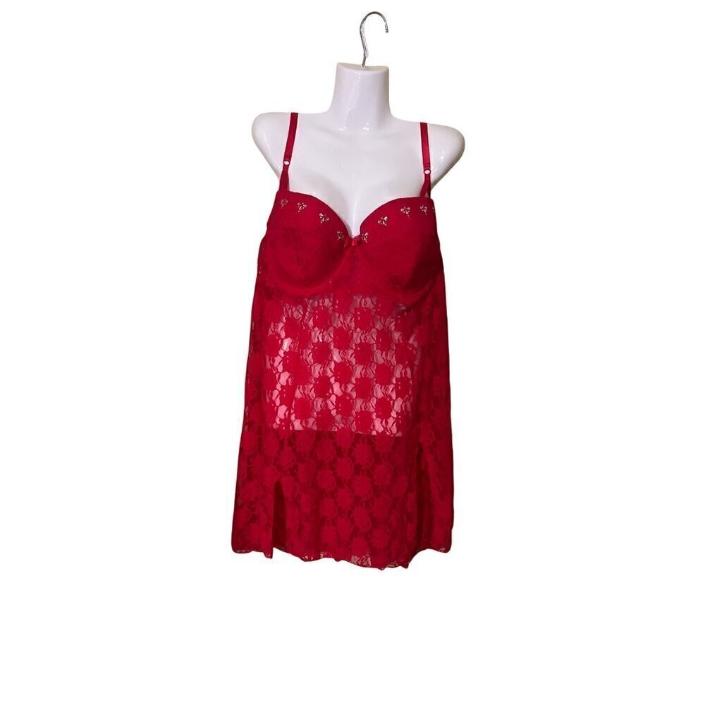 Red Lace Babydoll Lingerie  40DD‎  Rhinestone Coquette Valentine  Honeymoon